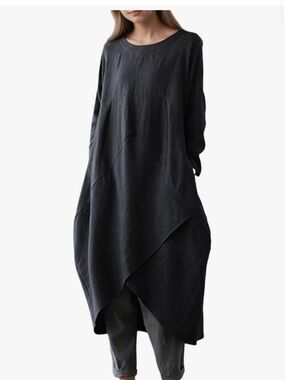 Black tulip hem long sleeve Dress linen cotton blend XXL 2X